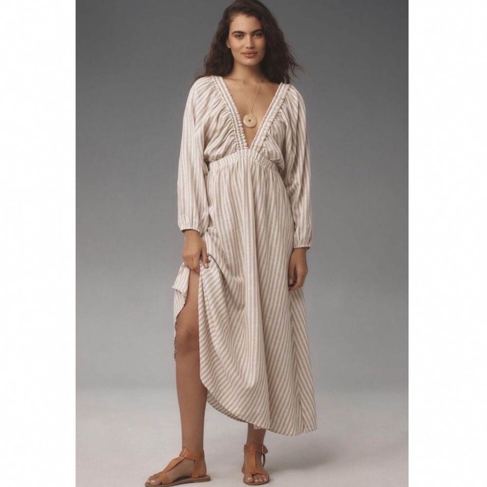Anthropologie Femme Linen Stripe Kaftan Maxi Dress‎ Tan White Open Back M/L